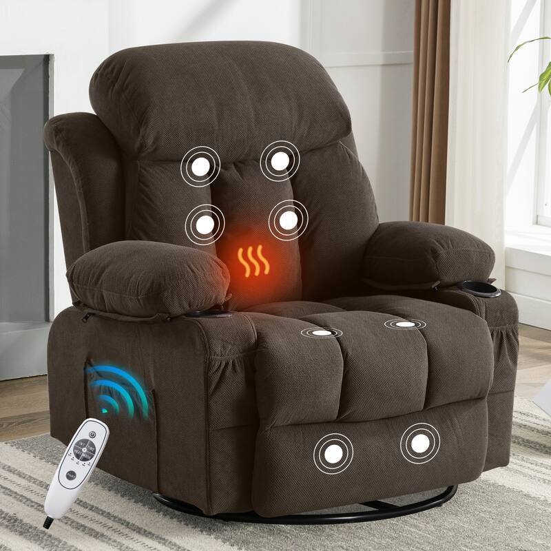 Massage Swivel Recliner Chair Sofa with USB and 2 Cup Holders & Heated - Brown