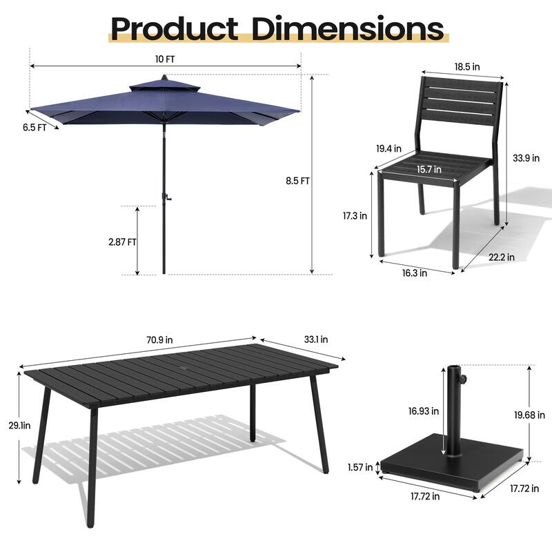 9 PC Outdoor Patio Dining Set Wood-Like Aluminum Umbrella Hole Table with Stackable Chairs,Double Top Market Umbrella and Base