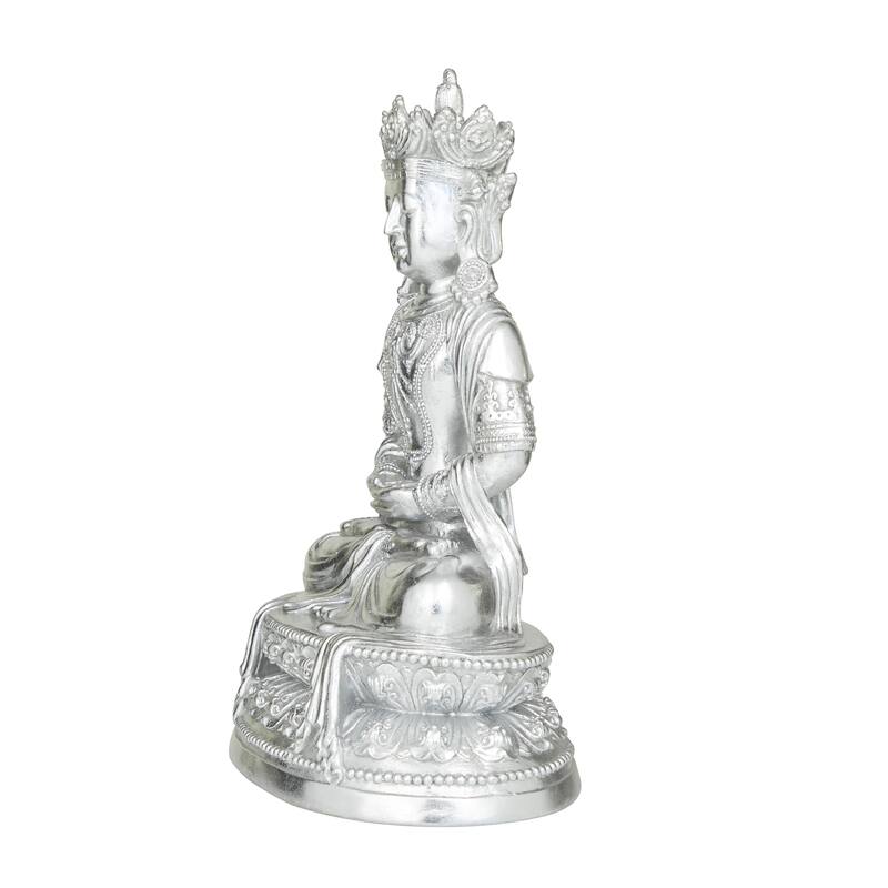 Silver Resin Bohemian Buddha Sculpture with Engraved Carvings and Relief Detailing