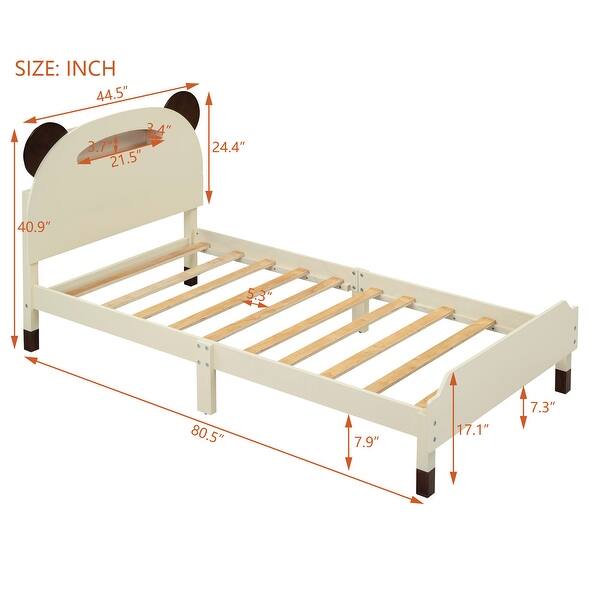 Twin Size Wood Platform Bed with Bear-Shaped Headboard, Motion Activated Night Lights, and Wooden Support