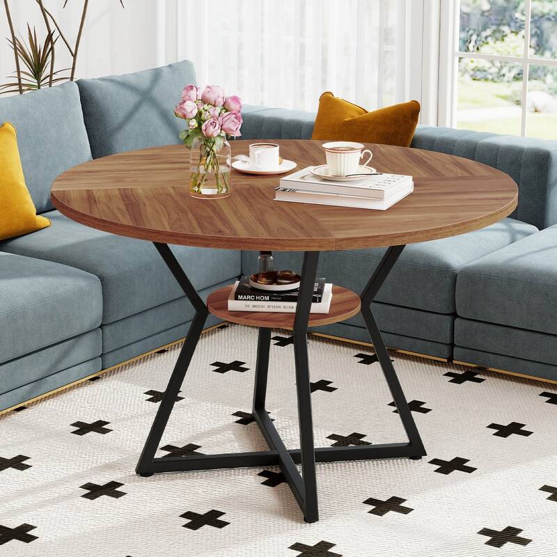 Costway 47” Round Dining Table for 4 with Storage Shelf, Wooden - Brown+Black - See Details