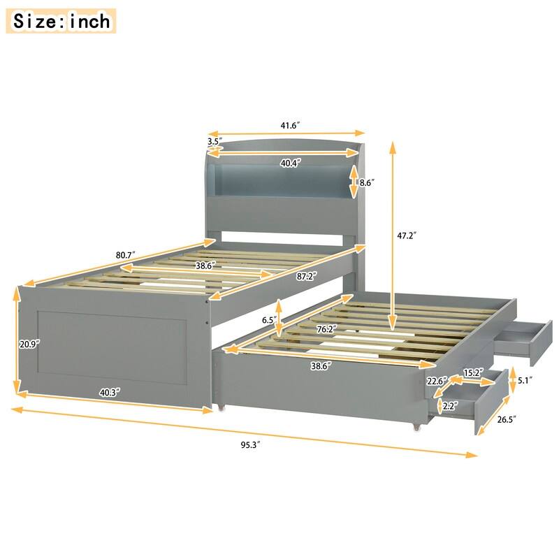 Twin/Full XL Size Platform Bed with Storage LED Headboard &Charging Station, Wood Bed Frame with Twin Size Trundle and 2 Drawers