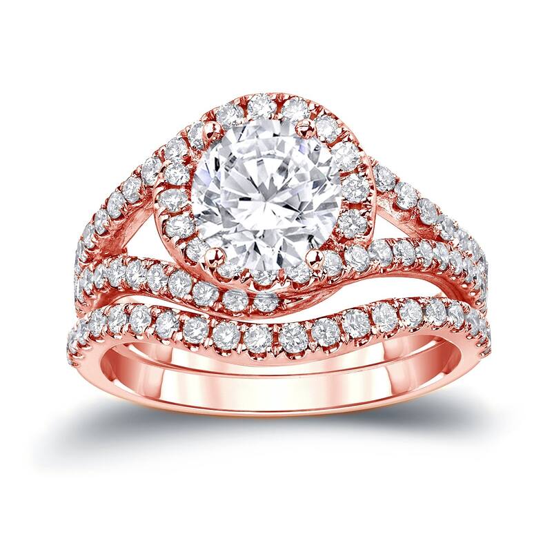 Auriya 14k Gold 1 7/8ctw Halo Diamond Engagement Ring Set Certified - Rose - 4