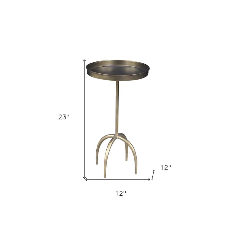 HomeRoots 23" Brass Distressed Iron Round Pedestal Tray Top End Table - 12 in. x 23 in. x 12 in.