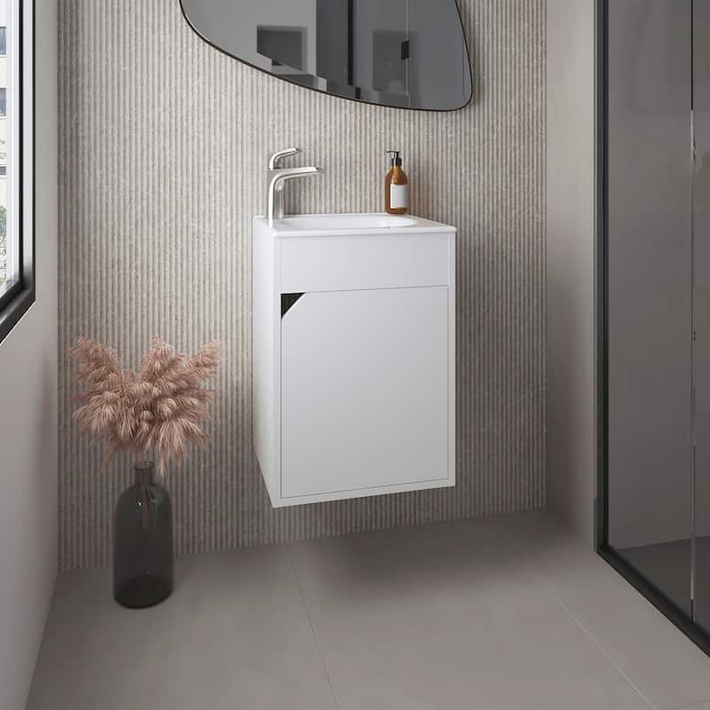 Floating Wide One-Door Vanity With Resin Sink And Two Shelves, Bathroom Storage - White