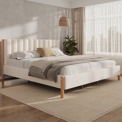 Upholstered Frame Wingback Bed with Striped Boucle Headboard