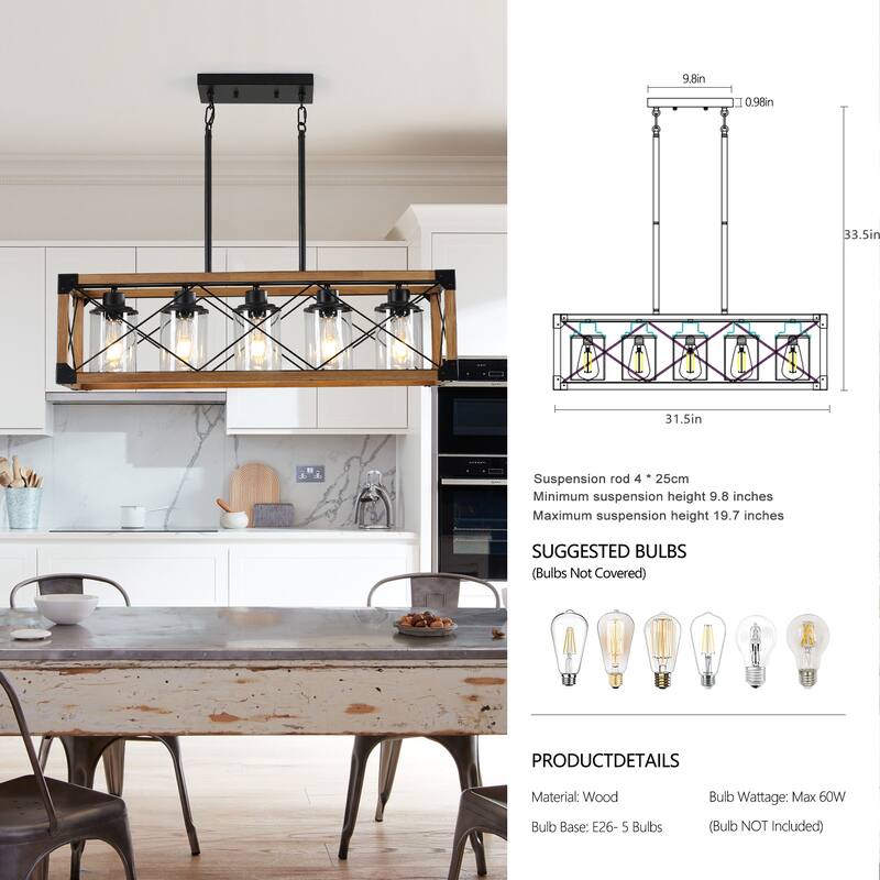 32" Wood Industrial Farmhouse Rectangle Pendant Light, 5-Light Chandelier with Lampshade for Dining Room (No Bulbs)