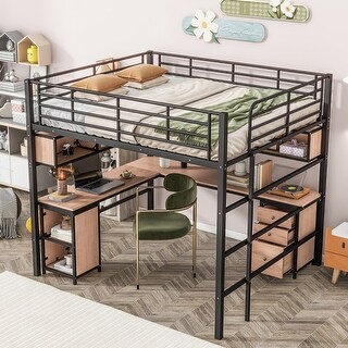 Full Size Loft Bed with Bookcase & Cabinet, Metal Loft Bed with L -shaped Built-in Desk, Metal Bed Frame for Kids, Teens, Adults