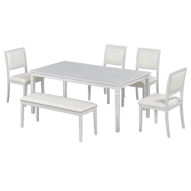 Rustic Farmhouse Extendable Dining Table Set for Six with Four Chairs and Bench for Cozy Gatherings