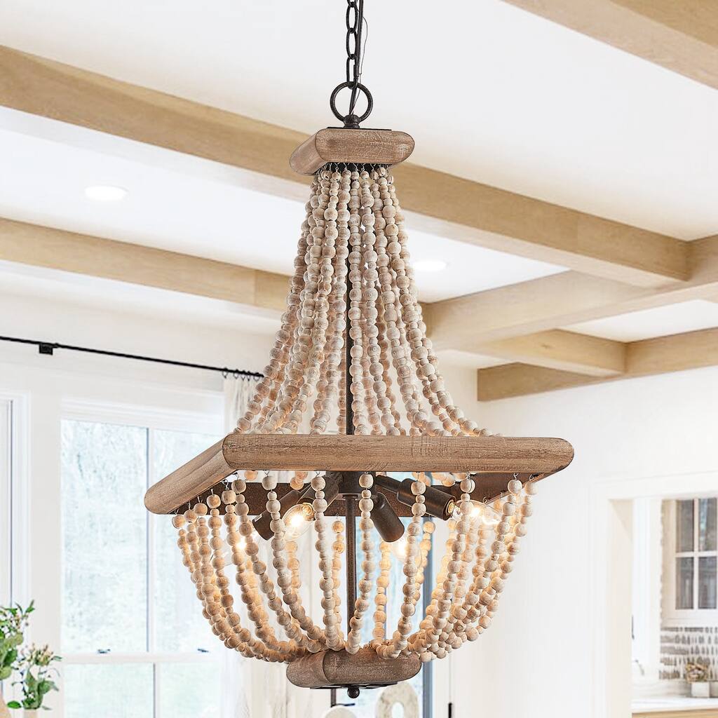 Farmhouse Wood Beaded Basket 4-Light Empire Chandelier