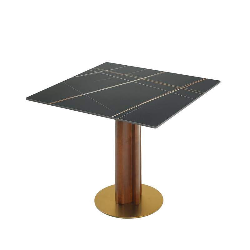 Modern Square Dining Table, 33.5" Sintered Stone Table with Wooden Leg & Gold Base, 2 - Person Kitchen Table for Small Space