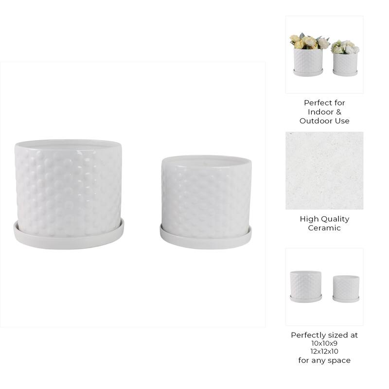 Ceramic Planter Dot Texture Gloss Finish (Set of 2) - 10", 9" White - 12" x 12" x 10"