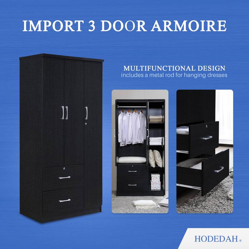 Hodedah Import 3 Door Armoire with Clothing Rod, Shelves, and 2 Drawers, Black - 187