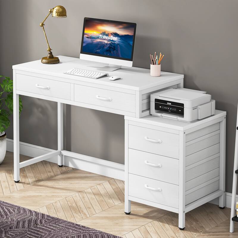 Modern Computer Desk with 5 Drawers, Home Office Desks with Reversible Drawer Cabinet Printer Stand - White
