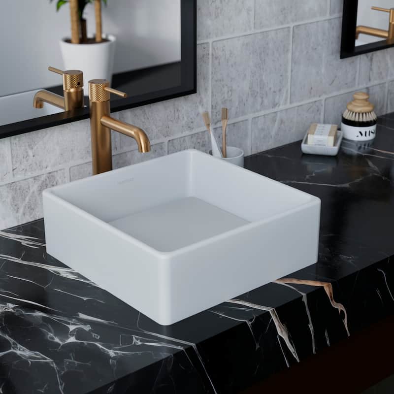 Karran Quattro QM175 Matte White Acrylic 15 in. Square Bathroom Vessel Sink