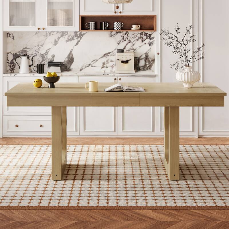 60"-78" Extendable Dining Table with Smooth Rails, Wooden Kitchen Table with Removable Leaf, Double U-Shape Base - Natural