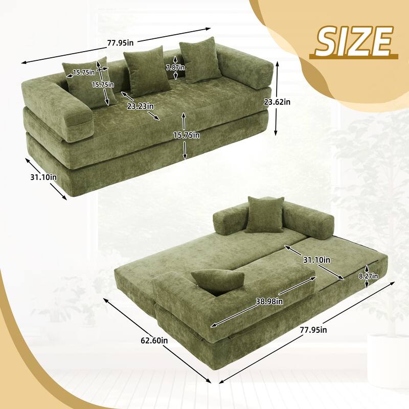 6-in-1 Folding Memory Foam Sleeper Sofa Bed Chenille Floor Chaise Lounge Couch with Side Pocket, Removable & Washable Cover