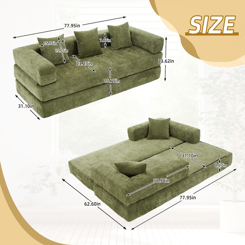 Queen Foldable Sofa Bed, 6-in-1 Convertible Sleeper Sofa with Mattress, Chaise Lounge Loveseat with Removable Cover
