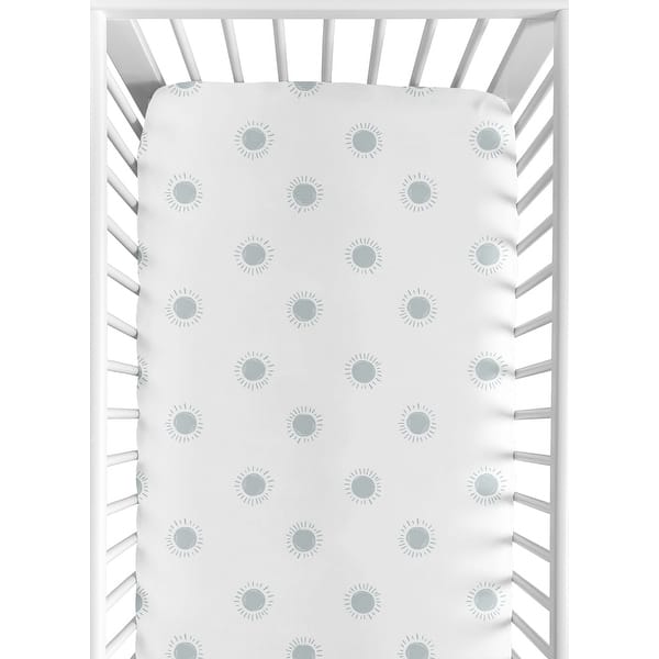 slide 2 of 6, White and Blue Boho Sun Boy Girl Fitted Crib Sheet - Slate Bohemian Celestial Sky Desert Sunshine Outdoors Nature Gender Neutral