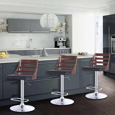 Armen Living Storm Adjustable Swivel Barstool in Chrome finish with Walnut wood and PU upholstery (Color options)