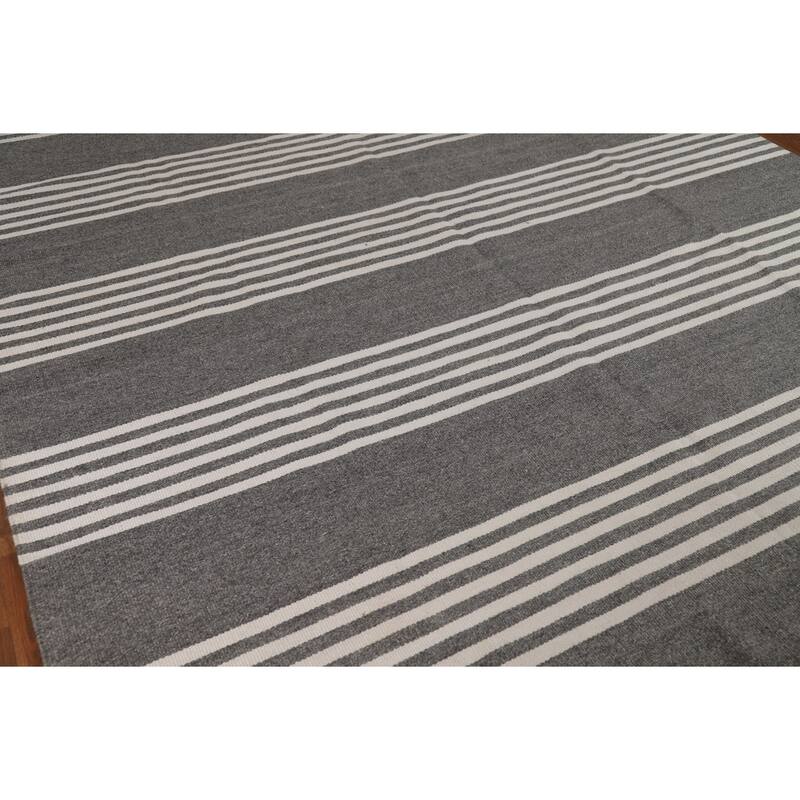 Striped Gray Kilim Durrie Oriental Area Rug Cotton Carpet - 8'3" x 11'7"