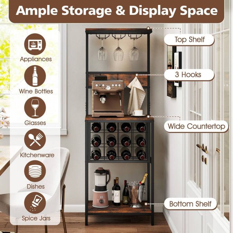 Rustic Brown Engineered Wood Wine Rack with Metal Frame and Stemware Storage - 21.5" L x 14.5" W x 61.5" H