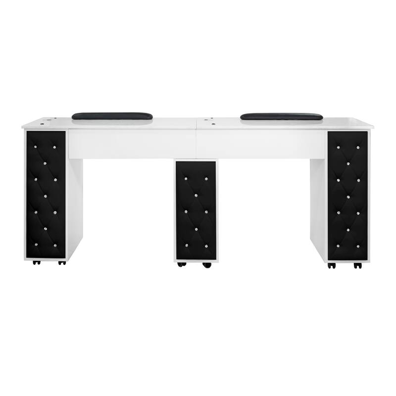 Drexel Manicure Table Double Nail Station Marble Top Desk, Black Tufted Cushion - N/A