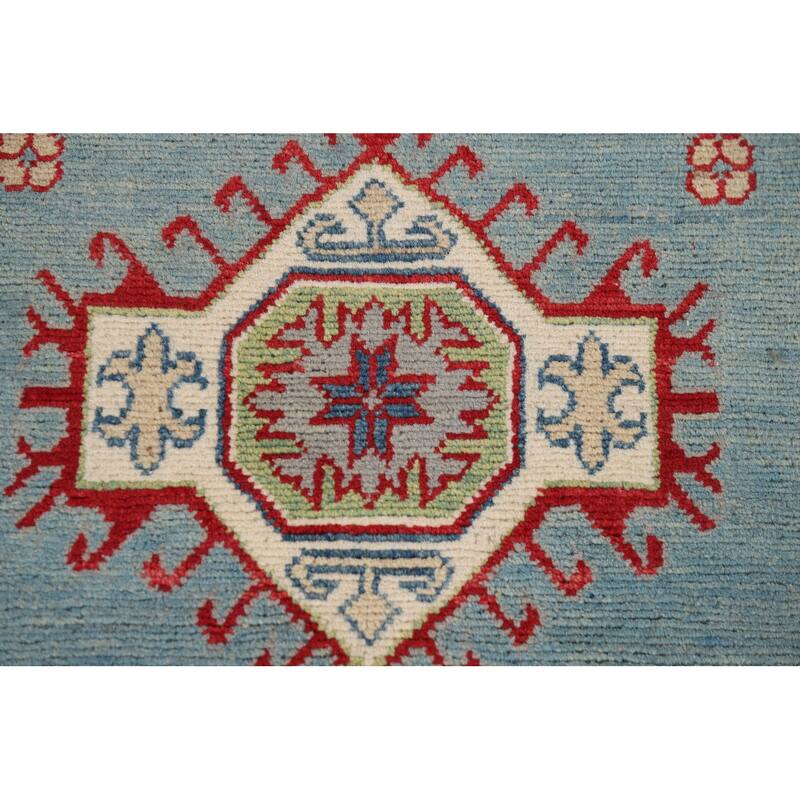 Light Blue Kazak Runner Rug Hallway Hand-Knotted Wool Carpet - 2'10" x 15'2"
