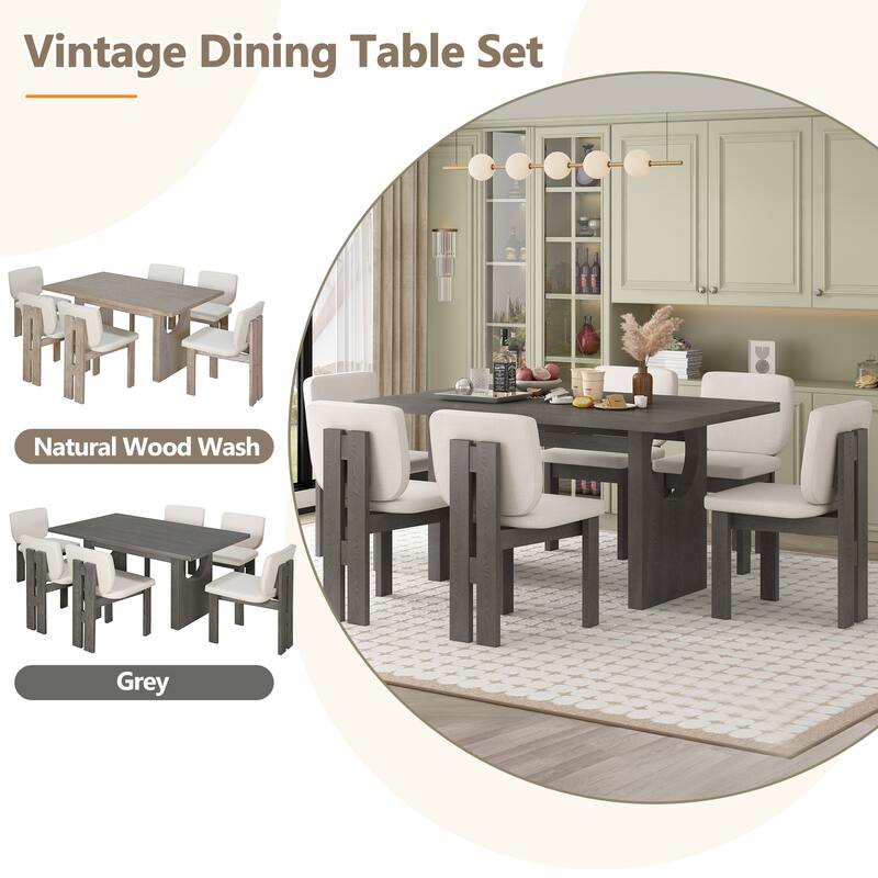 7-Piece Wood Kitchen Dining Table Set, Unique Chair Legs, 1 Rectangular Table with Designed Trestle Base & 6 Upholstered Chairs