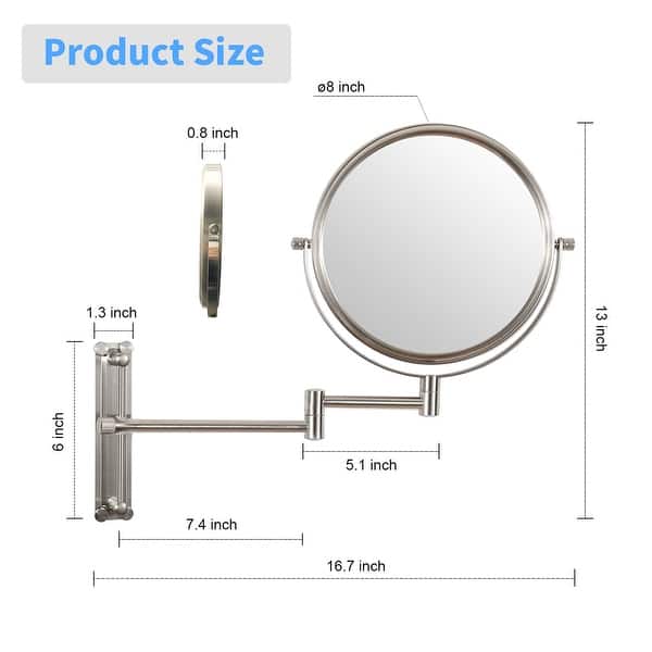 dimension image slide 7 of 11, 8" Bathroom Mirror Wall Mounted Magnifying Reversible Double Sided 1X/10X Makeup Mirror