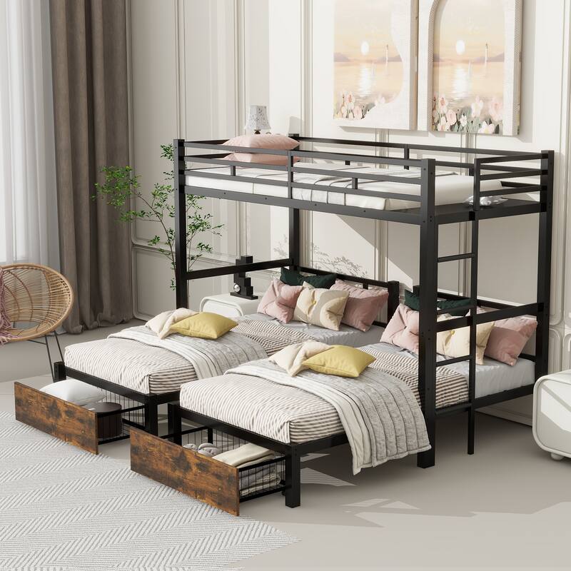 Various Sizes Metal Bunk Beds Frame with Ladder and High Guardrail, Heavy Duty Metal Bunk Beds🛍️🛒