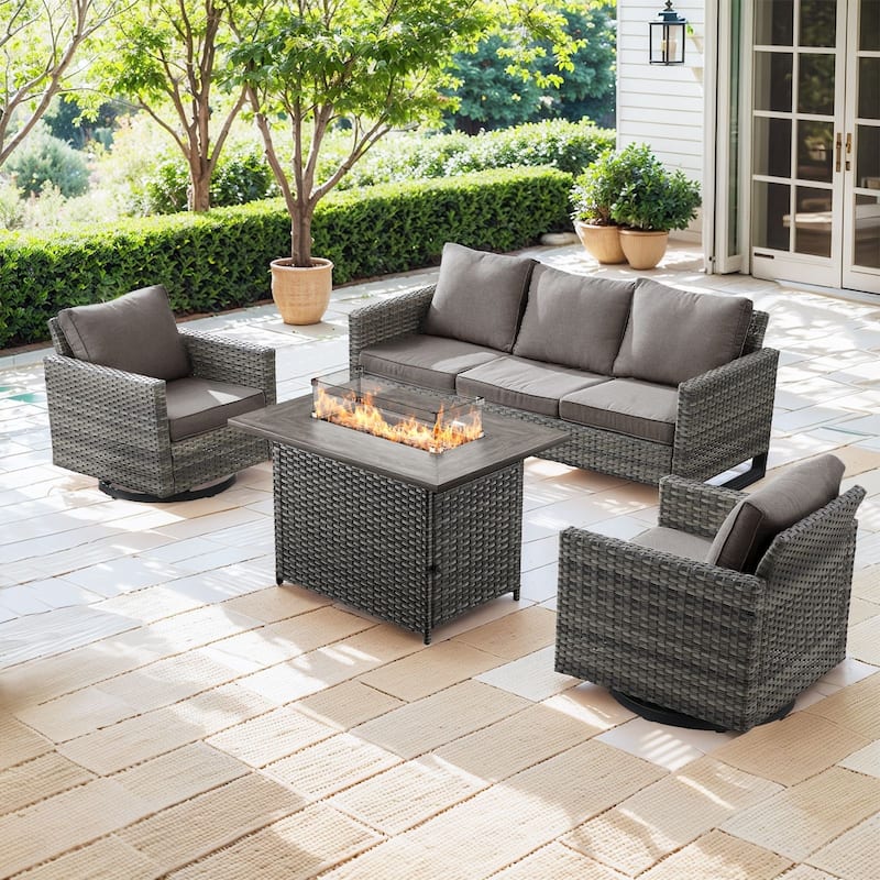 Outdoor Fire Pit Table with Patio Funiture - Grey Wicker Grey Cushion - 5PCS Fire Table w/ Sofa Swivel Chair