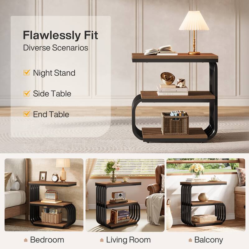 Industrial 3-Tier Metal End Table, Narrow Nightstand for Small Spaces & Living Room