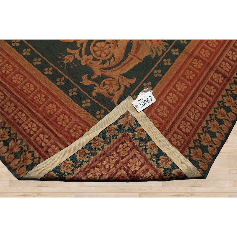 7'4''x11'7'' Hand Woven Wool Teal French Needlepoint Flatweave Area Rug - 7' 4'' x 11' 7''