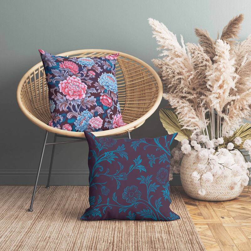 Meadow Bloom Faux Suede Reversible Throw Pillow Blue and Pink