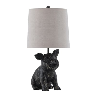 18"H Black Resin Pig Table Lamp With Shade - 9.5" x 9.5" x 18"