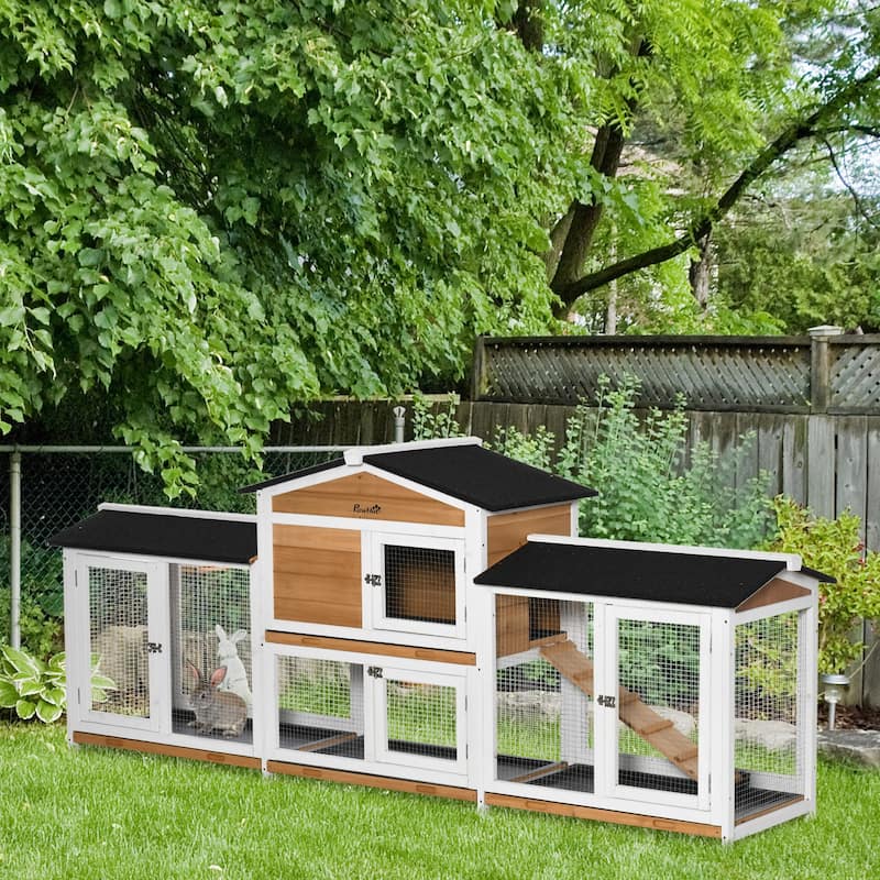 PawHut 90.5" Wooden Hutch Bunny Cage Pet Playpen House Enclosure - white