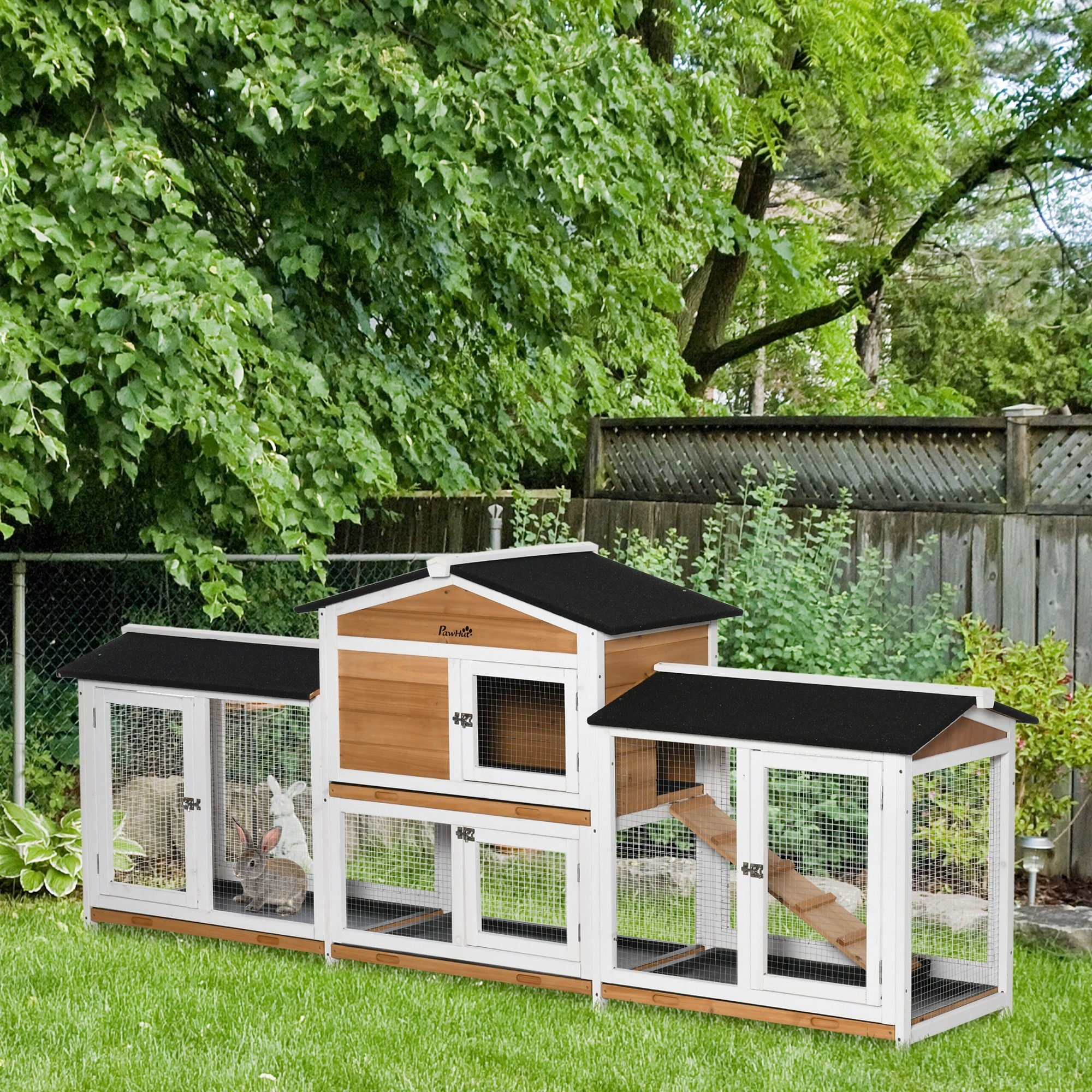 PawHut 90.5" Wooden Hutch Bunny Cage Pet Playpen House Enclosure