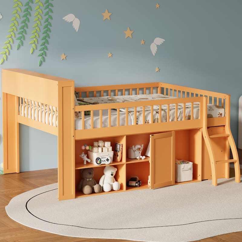 Storage Loft Bed with LED Headboard, Queen or Full Size High Sleeper Frame with Shelves