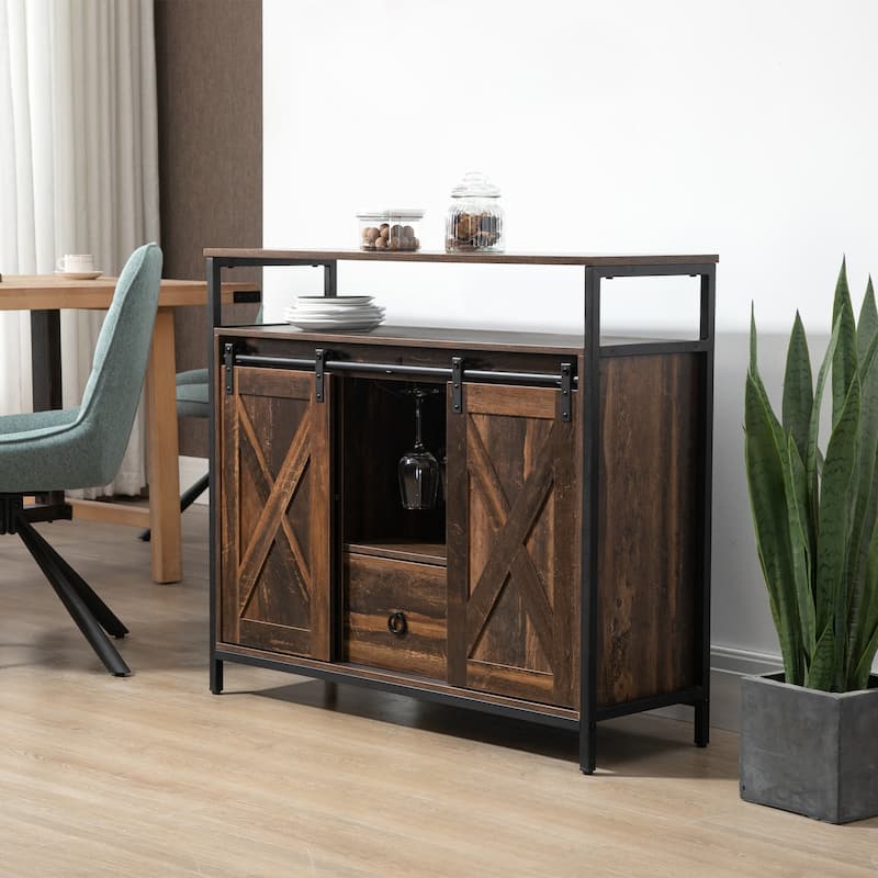 HOMCOM Industrial Buffet Cabinet with Sliding Barn Doors, Storage Cabinets, Stemware Racks, Drawer and Adjustable Shelves - Brown