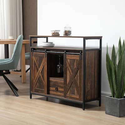 HOMCOM Industrial Buffet Cabinet with Sliding Barn Doors, Storage Cabinets, Stemware Racks, Drawer and Adjustable Shelves