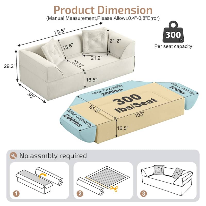 GDFStudio - 78.7" Frameless Corduroy Upholstered 2-in-1 Convertible 3-Seater Sofa Bed with High-Density Foam Backrest & Pillows