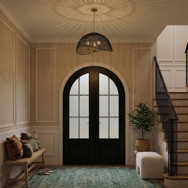 Boho Black Woven Rattan 3 Light Pendant Ceiling Light Brass Copper Finish Iron Frame for Kitchen Island Living Room