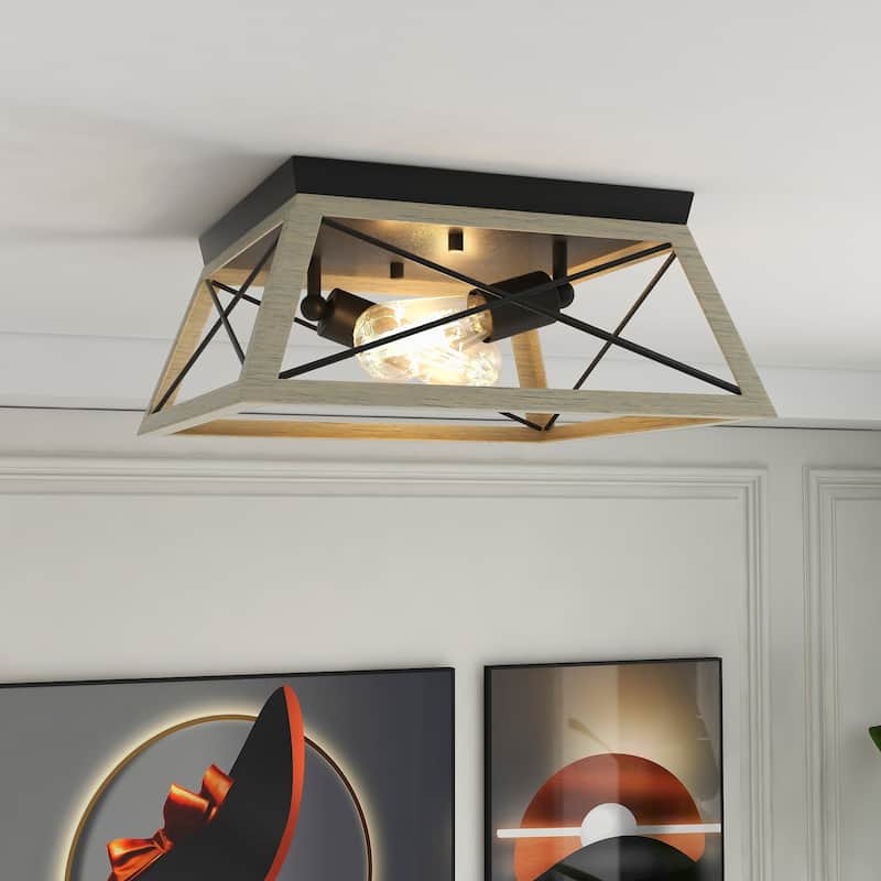 2-Light Black Metal and Wood Flush Mount