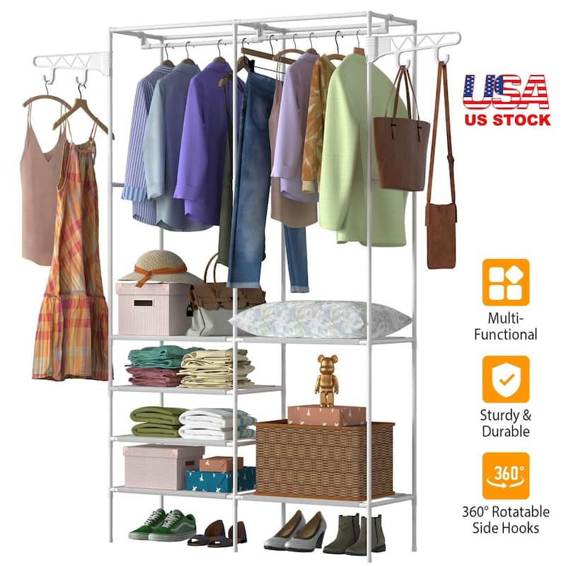 4 Tier Closet Organizer Shelf with Hanging Rod and Fabric Shelves