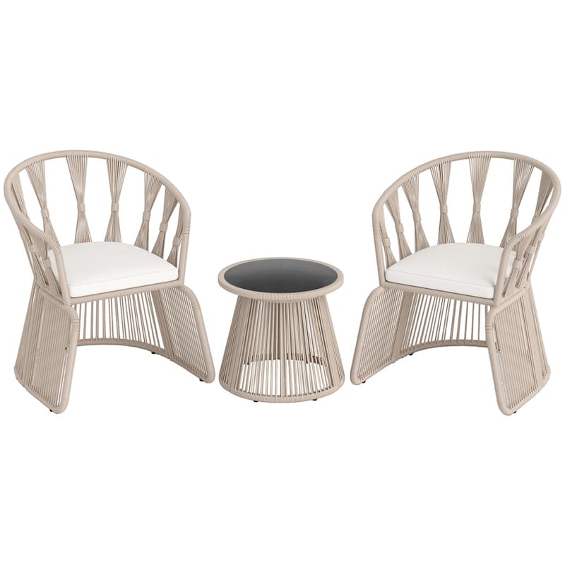 3 Piece Beige Rope Woven Metal Patio Bistro Set with Off White Cushions and Table - Chair: 27.5" x 25.5" x 31" (L x W x H) - Off White-Beige