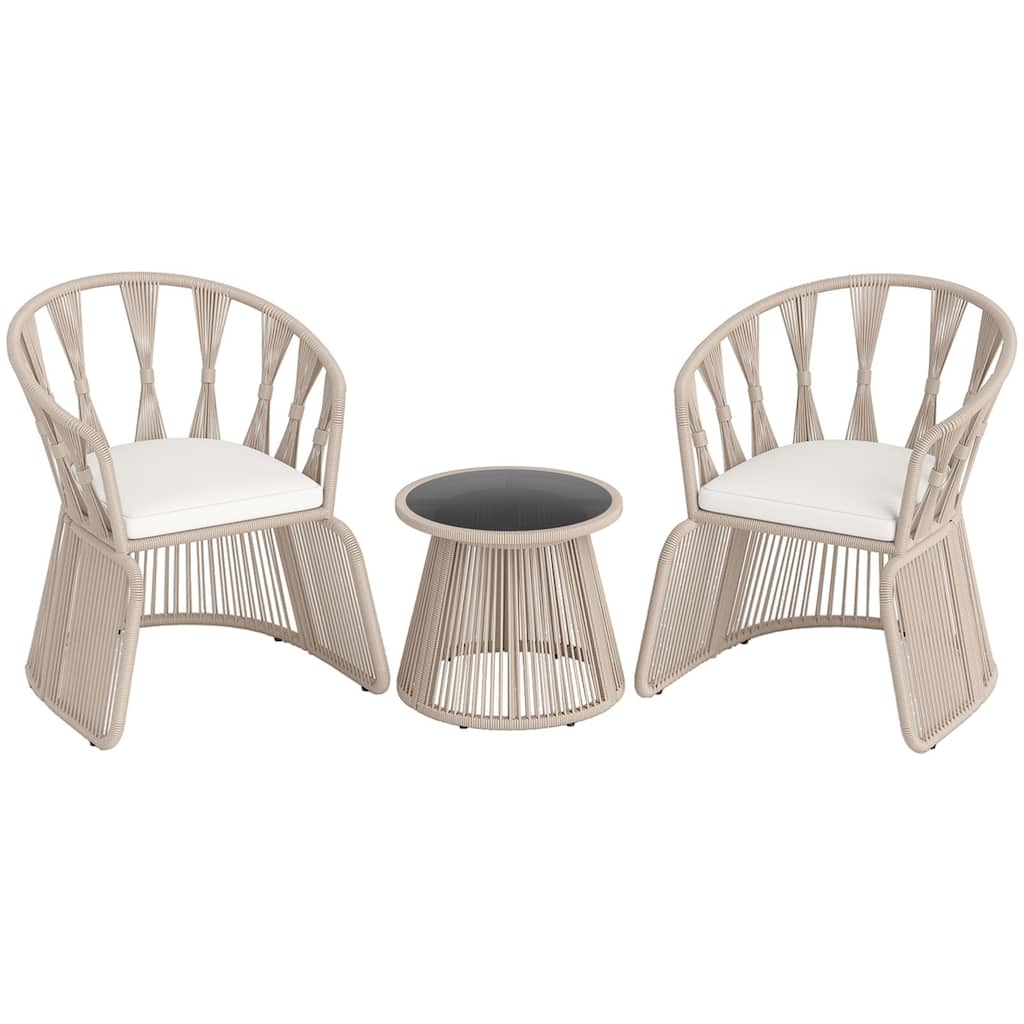 3 Piece Beige Rope Woven Metal Patio Bistro Set with Off White Cushions and Table - Chair: 27.5" x 25.5" x 31" (L x W x H)