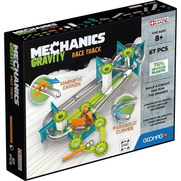 slide 2 of 7, Geomag Mechanics Gravity Construction Set, Race Track Recycled, 67 Pieces Green, White, Orange - Kids
