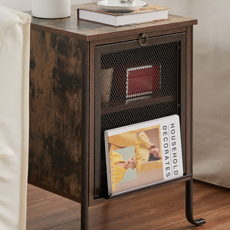 Modern Nightstand with Pull-out Shelf and Mesh Cabinet, Brown