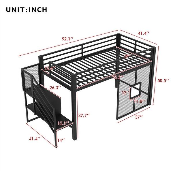 Twin Size Metal Loft Bed with Storage Staircase and Iron Mesh, Low Loft Bedframe with Storage Shelf and Guardrail for Kids